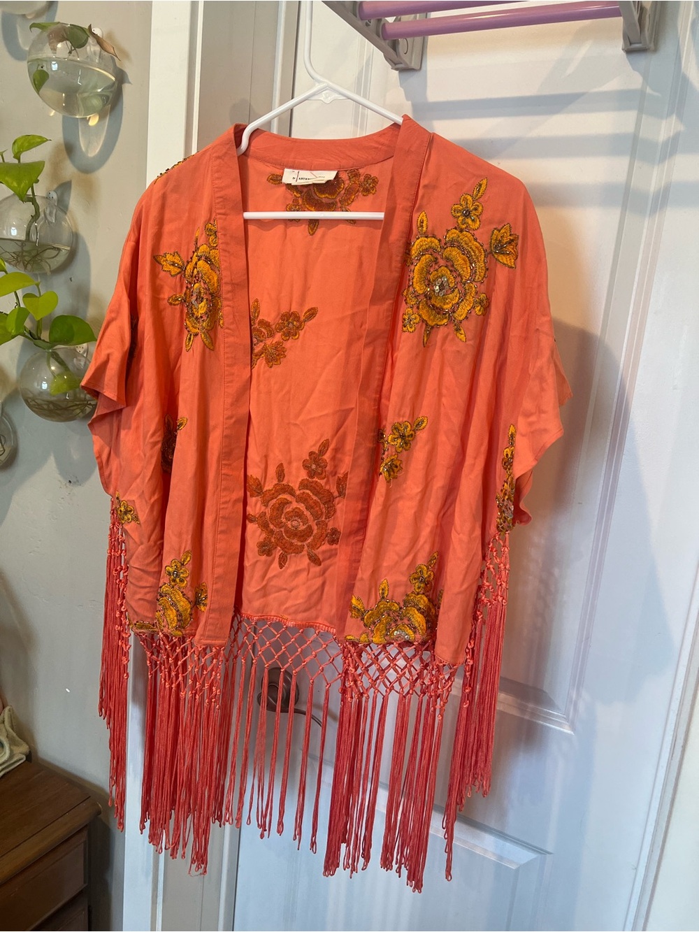 Anthropologie Coral Embroidered Fringe Kimono